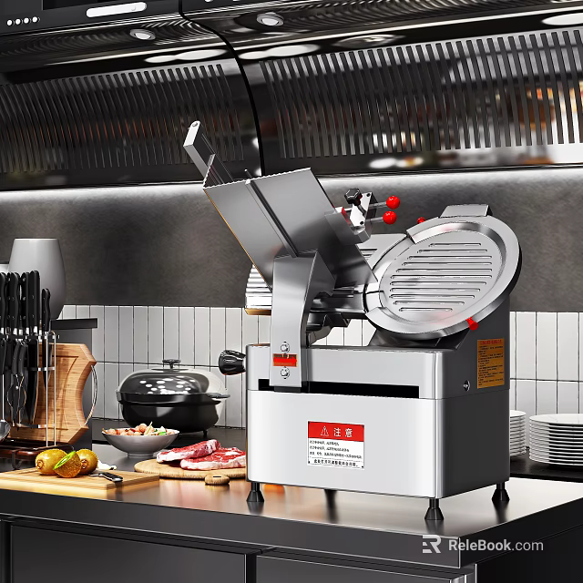 Commercial Meat Slicer in Modern Kitchen with Fresh Meat Fruits Knives Cutting Board and Cookware 3d model 