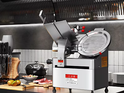 Commercial Meat Slicer in Modern Kitchen with Fresh Meat Fruits Knives Cutting Board and Cookware 3d model
