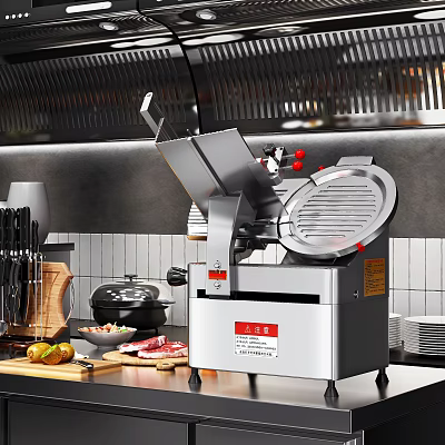Commercial Meat Slicer in Modern Kitchen with Fresh Meat Fruits Knives Cutting Board and Cookware 3d model