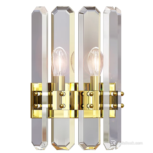Elegant Modern Wall Lamp With Brass Frame Transparent Glass And Double Illuminating Bulbs 3d model 