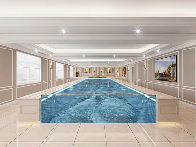Indoor Shower Sauna Pool with Clear Water Bright Spacious Light-colored Walls and Windows 3d model