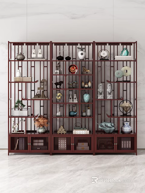 Traditional Chinese Wooden Display Shelf with Multiple Shelves Holding Vases Sculptures Books and Tea Sets 3d model 