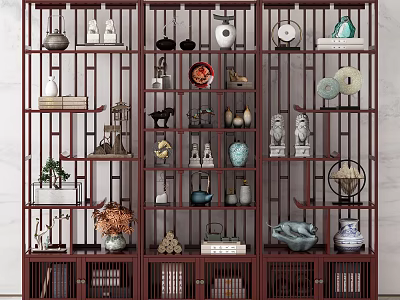 Traditional Chinese Wooden Display Shelf with Multiple Shelves Holding Vases Sculptures Books and Tea Sets 3d model