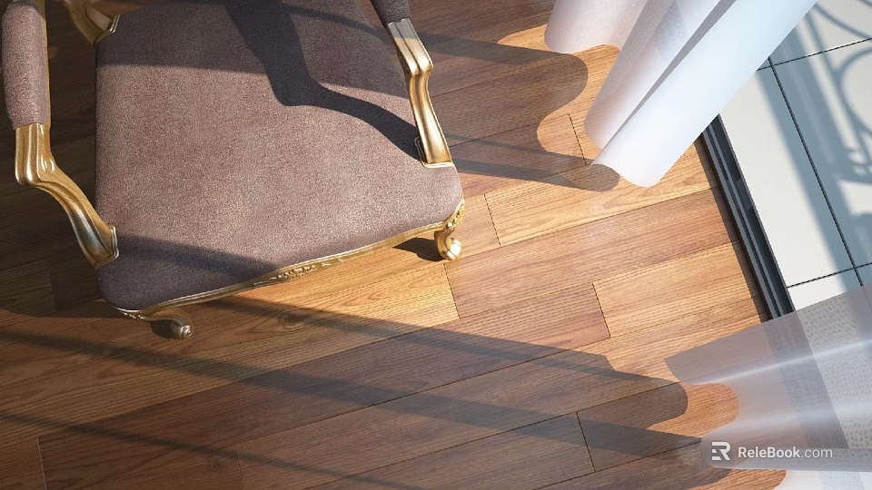 Brown Upholstered Accent Chair with Golden Legs on Wooden Floor by Curtains in Natural Light 3d model 