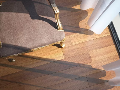 Brown Upholstered Accent Chair with Golden Legs on Wooden Floor by Curtains in Natural Light 3d model