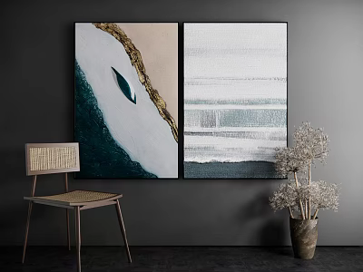 Two Abstract Wall Art Pieces With Teal White Gold Gray Tones And Marble Striped Patterns 3d model
