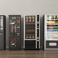 Row of Commercial Refrigerated Vending Machines Offering Coffee Snacks And Beverages In Indoor Space