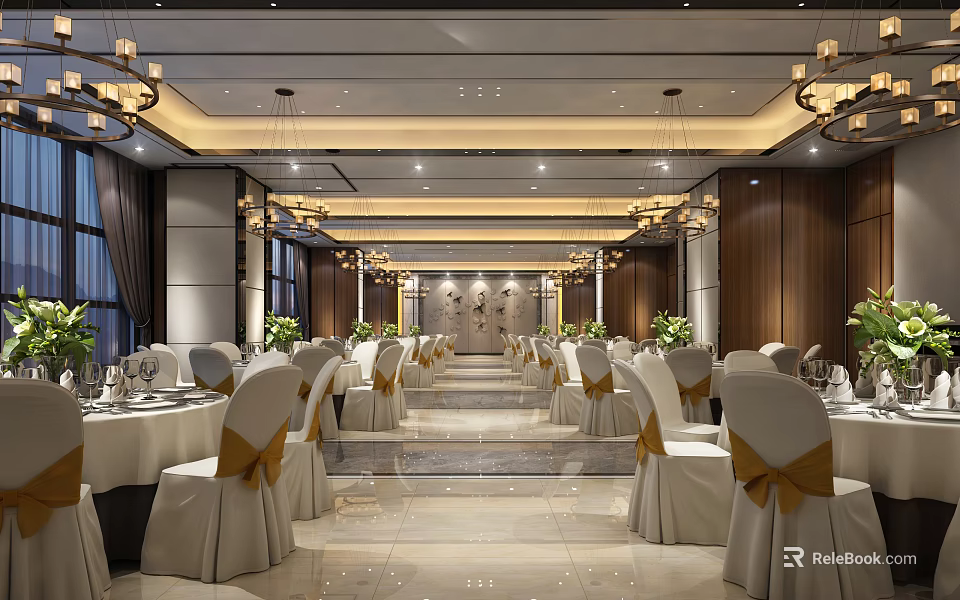 Elegant Banquet Hall Interior With Chandeliers White Table Settings And Golden Ribbon Chairs 3d model 