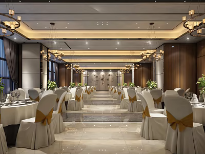 Elegant Banquet Hall Interior With Chandeliers White Table Settings And Golden Ribbon Chairs 3d model