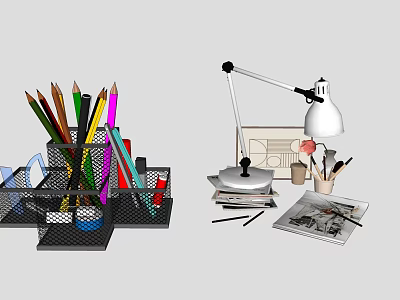 Desk Organization With Colored Pencils Pencil Holder Lamp And Office Supplies 3d model