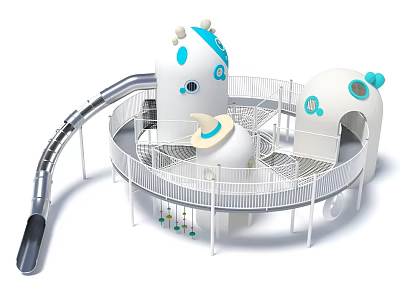 White Children's Playground Equipment With Blue Dots Dome Shaped Structures And Spiral Slide Railings 3d model