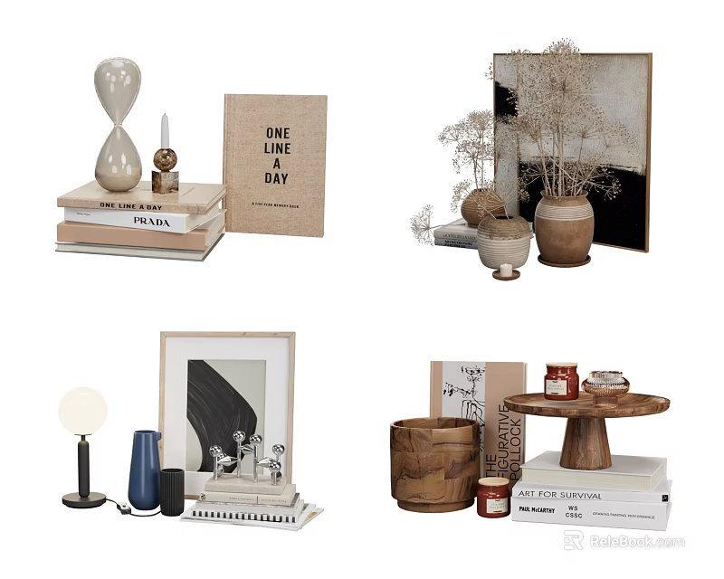 Decorative Ornament Set With Hourglass Candle Books Dried Flowers Photo Frames And Table Lamp 3d model 
