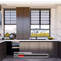 Modern Kitchen Interior Design With Dark Cabinets Window Blinds And Marble Countertop