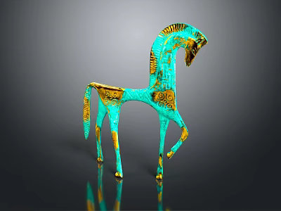 Horse Shaped Turquoise And Gold Decorative Ornament Set With Intricate Patterns For Home Decor 3d model