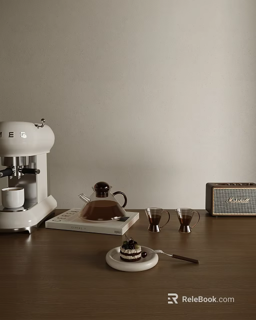 Stylish Coffee Cups With White KEG Coffeemaker Brown Pot Book And Radio On Home Table 3d model 