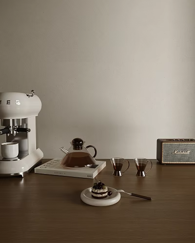 Stylish Coffee Cups With White KEG Coffeemaker Brown Pot Book And Radio On Home Table 3d model