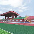 Outdoor Sports Stadium Featuring Red Running Track Green Stands Pink Roof And Athletes