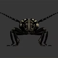 Black and white striped beetle with long antennae and black exoskeleton isolated on gray background