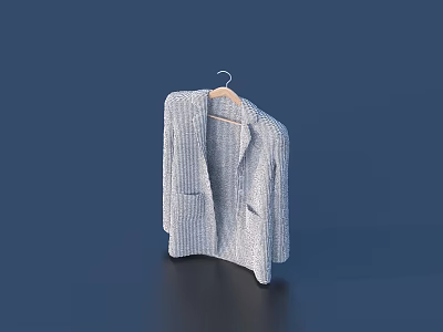 Light Gray Knitted Cardigan Hanging On Wooden Hanger Against Dark Blue Background 3d model