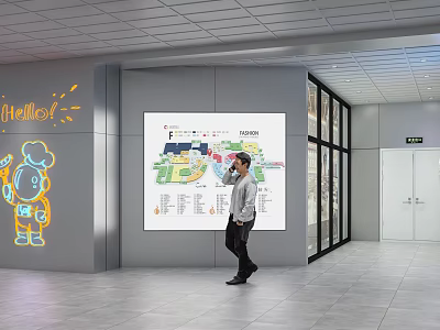 Public Wall With Orange Illuminated Hello Graphic Cartoon Character And Large Screen Showing Map Info 3d model