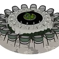 Round Dining Table Set With Green Chairs White Tablecloth And Floral Centerpiece On Circular Rug