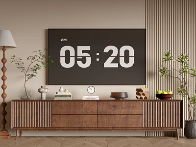 Modern Wooden TV Stand With Decorative Items Plants Floor Lamp And Digital Clock 3d model