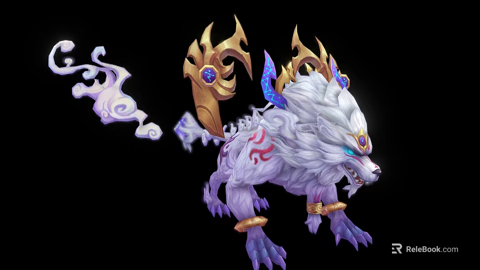Game Fantasy Creature Character With White Fur Golden Horns Red Patterns And Cloud Tail 3d model 