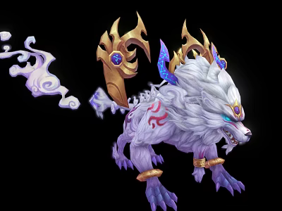 Game Fantasy Creature Character With White Fur Golden Horns Red Patterns And Cloud Tail 3d model