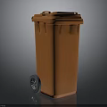 Building Exterior Featuring Orange Wheeled Trash Bin For Waste Disposal