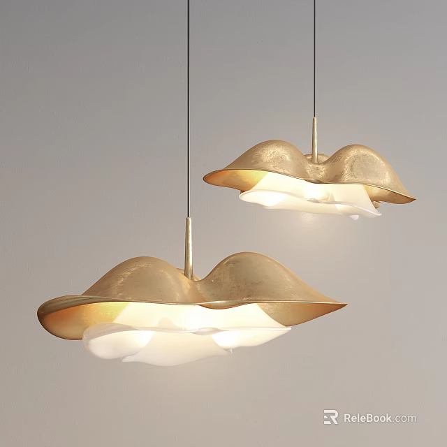 Two Golden Curved Pendant Lights Illuminated In Modern Interior With Gray Background 3d model 