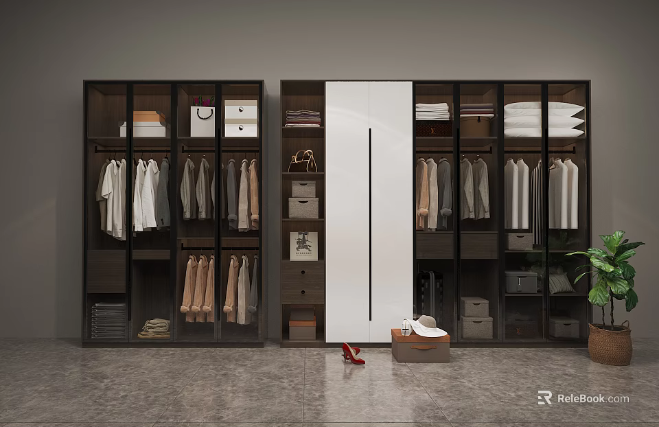 Modern Dark Wood Wardrobe With Glass Doors Hanging Folded Clothes And Storage 3d model 
