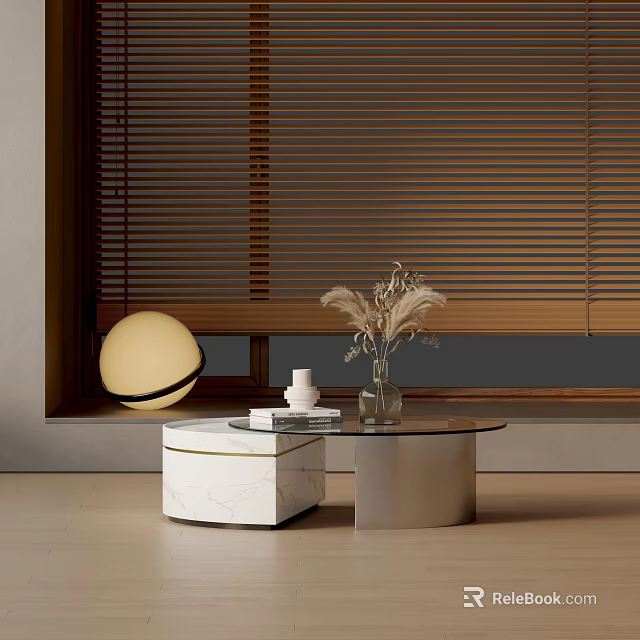 Modern Sofa Coffee Table Set with Marble Top and Decorative Dried Flower Vase 3d model