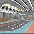 Modern Indoor Activity Space With Curved Ceiling Light Strips Climbing Wall And Colorful Floor