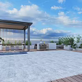 Sunny Outdoor Patio With Wooden Deck Marble Countertop Green Plants And Coastal View