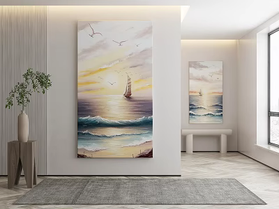 Modern Living Room With Seascape Paintings Sunset Sailing Boat And Seagulls 3d model