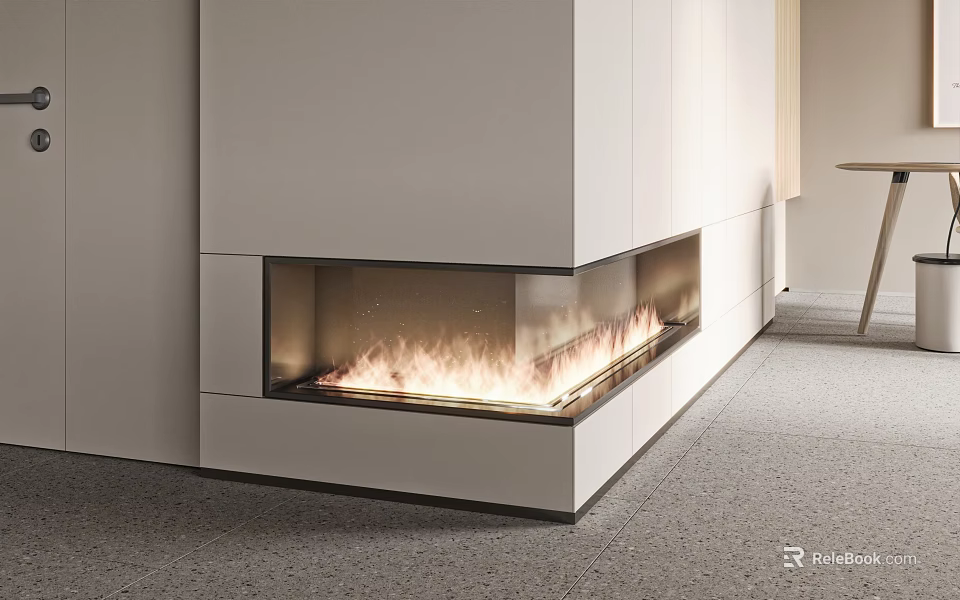 Modern Linear Fireplace With White Cabinetry And Flames In Interior Design 3d model 
