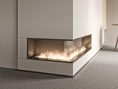 Modern Linear Fireplace With White Cabinetry And Flames In Interior Design 3d model