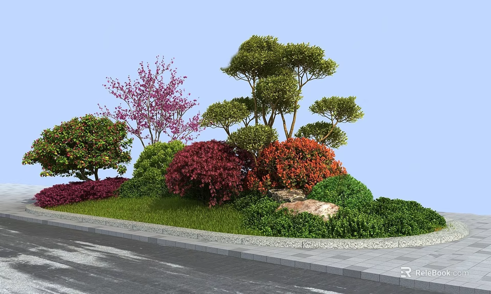 Vibrant Flower Landscape with Pink Flowering Tree Green Pine Red Orange Shrubs Grass Stone Pavement 3d model 