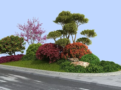 Vibrant Flower Landscape with Pink Flowering Tree Green Pine Red Orange Shrubs Grass Stone Pavement 3d model