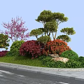 Vibrant Flower Landscape with Pink Flowering Tree Green Pine Red Orange Shrubs Grass Stone Pavement