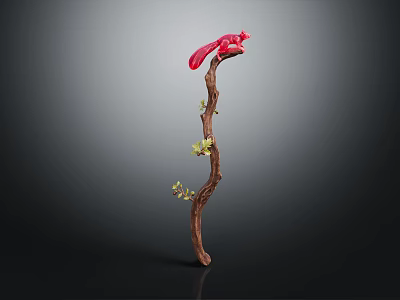 Handcrafted Wooden Cane With Red Squirrel Decoration On Top And Small Green Leaves Vines 3d model