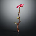 Handcrafted Wooden Cane With Red Squirrel Decoration On Top And Small Green Leaves Vines