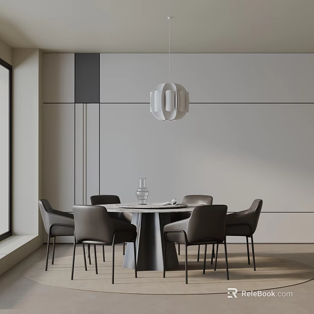 Modern Round Dining Table Set with Grey Chairs Glass Vase White Pendant and Geometric Walls 3d model 