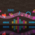 Colorful Neon Decorative Lights on Brick Wall with Headphones Music Notes and Wavy Lines