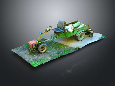 Green Small Agricultural Vehicle With Seat Handle Trailer Loaded Cargo On Grass Dirt Platform 3d model