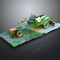 Green Small Agricultural Vehicle With Seat Handle Trailer Loaded Cargo On Grass Dirt Platform