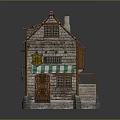 Small House Model With Red Tiled Roof Stone Walls Green Striped Awning And Wooden Door