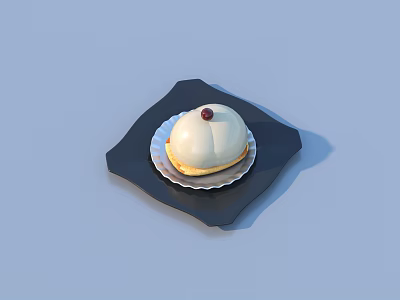 Delicious dessert with white top red decoration and crispy pastry base on black square plate 3d model