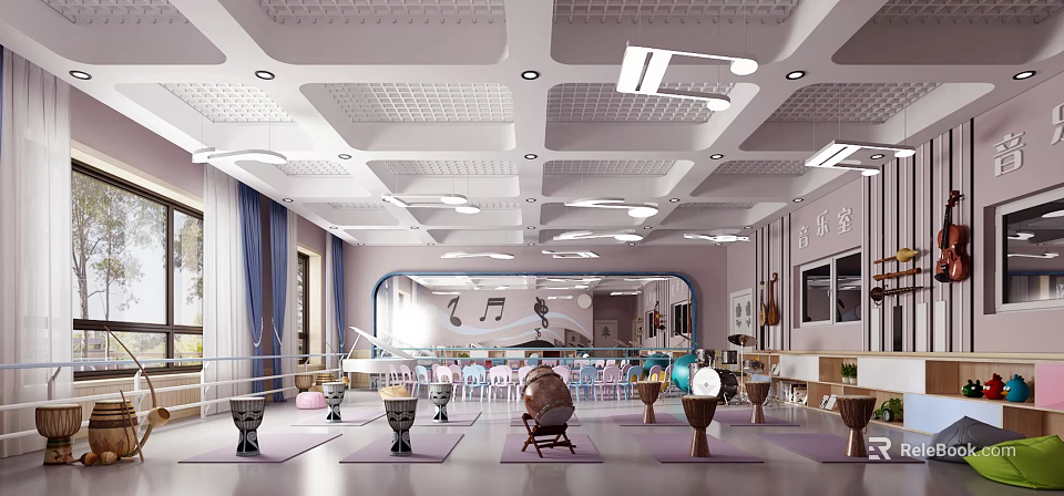 Book Art Inspired Music Room Interior With Piano Drums Mirrors And Carpets 3d model 