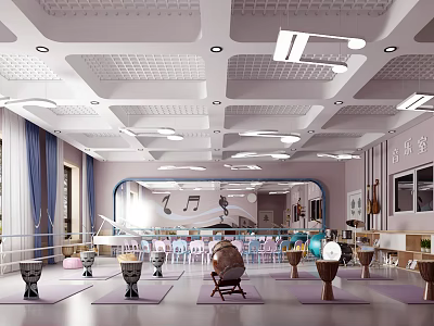 Book Art Inspired Music Room Interior With Piano Drums Mirrors And Carpets 3d model